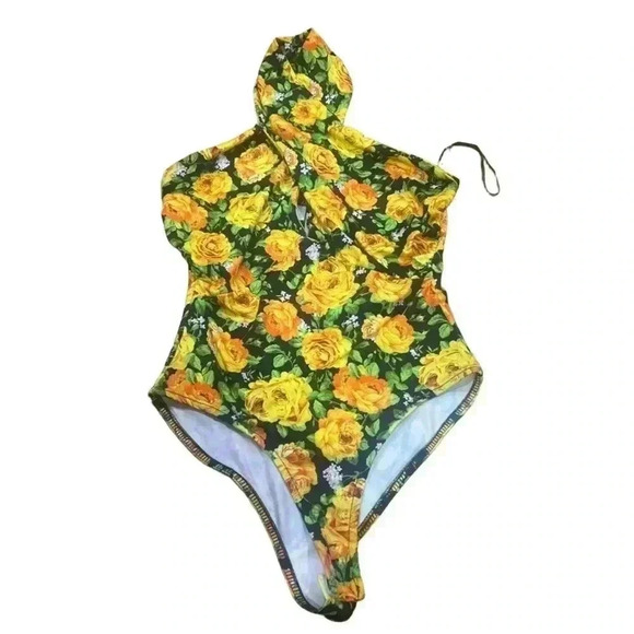 Zara Twisted Halter Front Cut Out Bodysuit Yellow and Black Floral NWT Size S - Picture 3 of 3